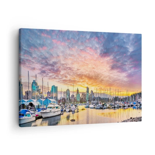 Schilderen op canvas - Jachthaven met jachten en stadsgezicht bij zonsondergang - 70x50cm - De stad van duizend zeelieden - Moderne wanddecoratie voor woonkamer en slaapkamer ARTTOR