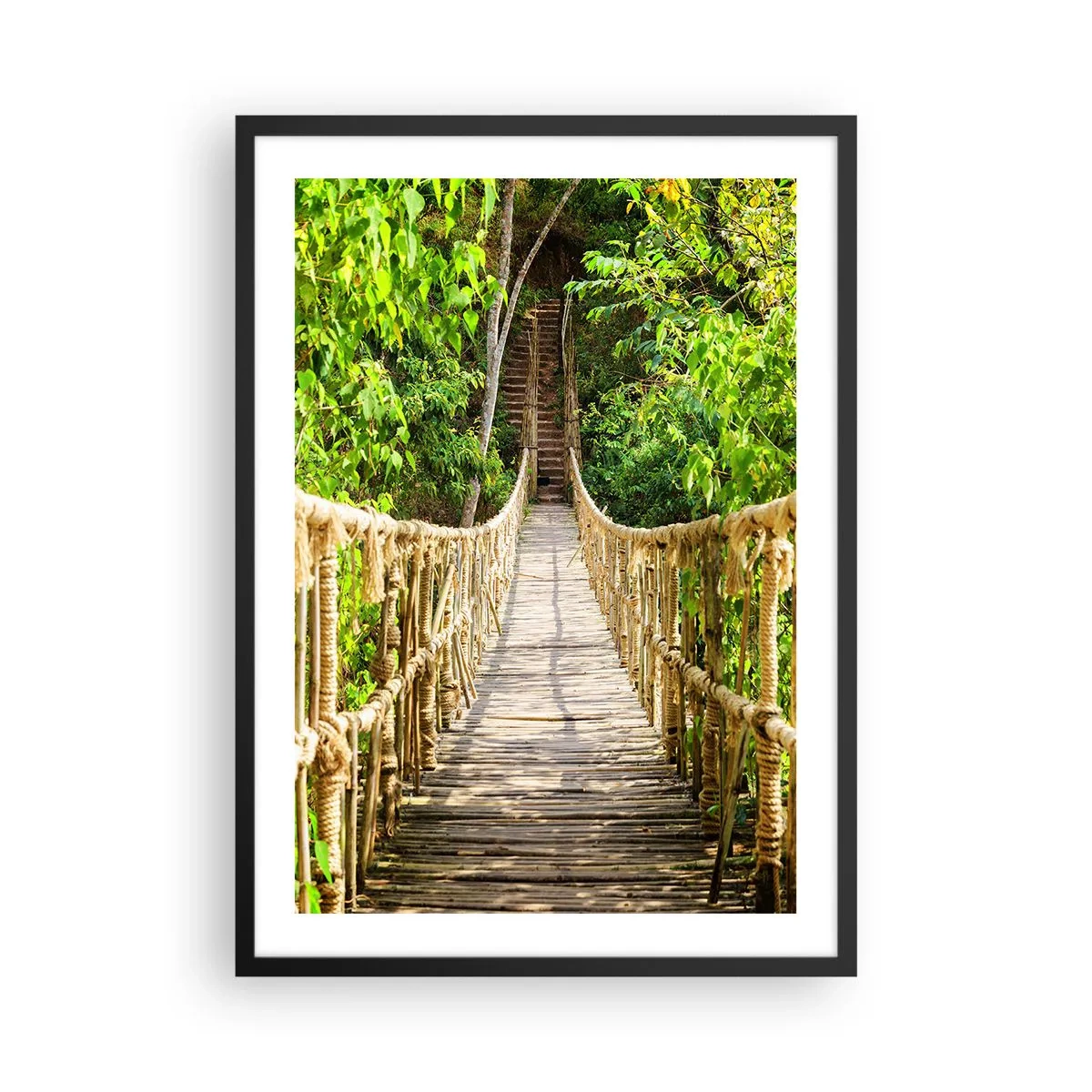 Poster in een zwarte lijst - Een houten touwbrug omgeven door weelderig groen - 50x70cm - Opgeschort in het groen - Moderne wanddecoratie voor woonkamer en slaapkamer ARTTOR