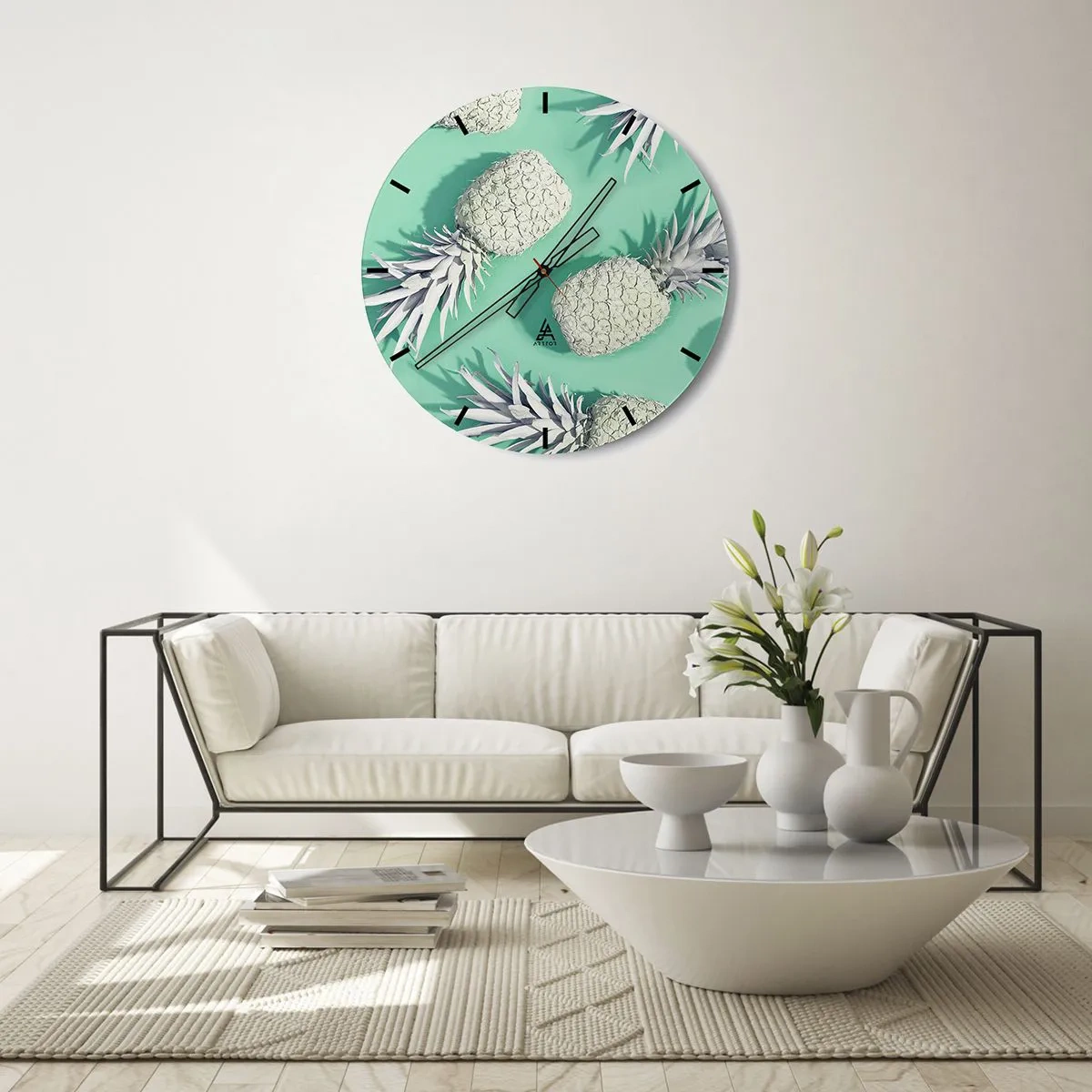 Wandklok - Klok - Witte ananas op een muntachtergrond in minimalistische stijl - 30x30cm - Het gaat goed met munt - Moderne wanddecoratie voor woonkamer, keuken en slaapkamer ARTTOR