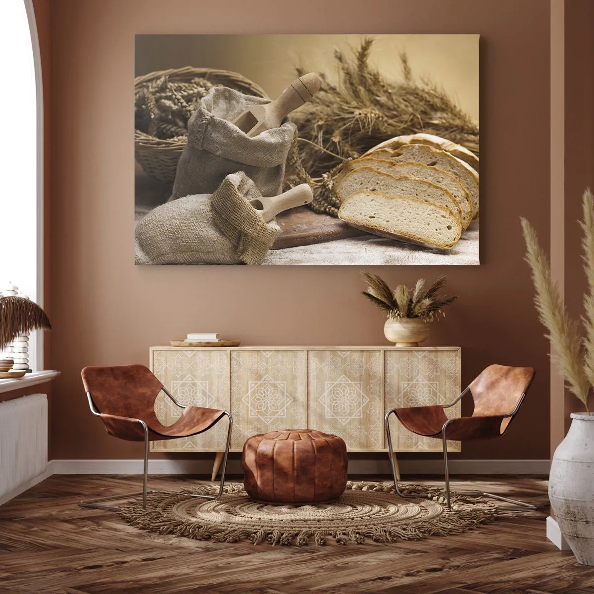 Schilderen op canvas - Een landschap met brood, meel en korenaren in rustieke stijl. - 70x50cm - Alsof met mes gesneden! - Moderne wanddecoratie voor woonkamer en slaapkamer ARTTOR