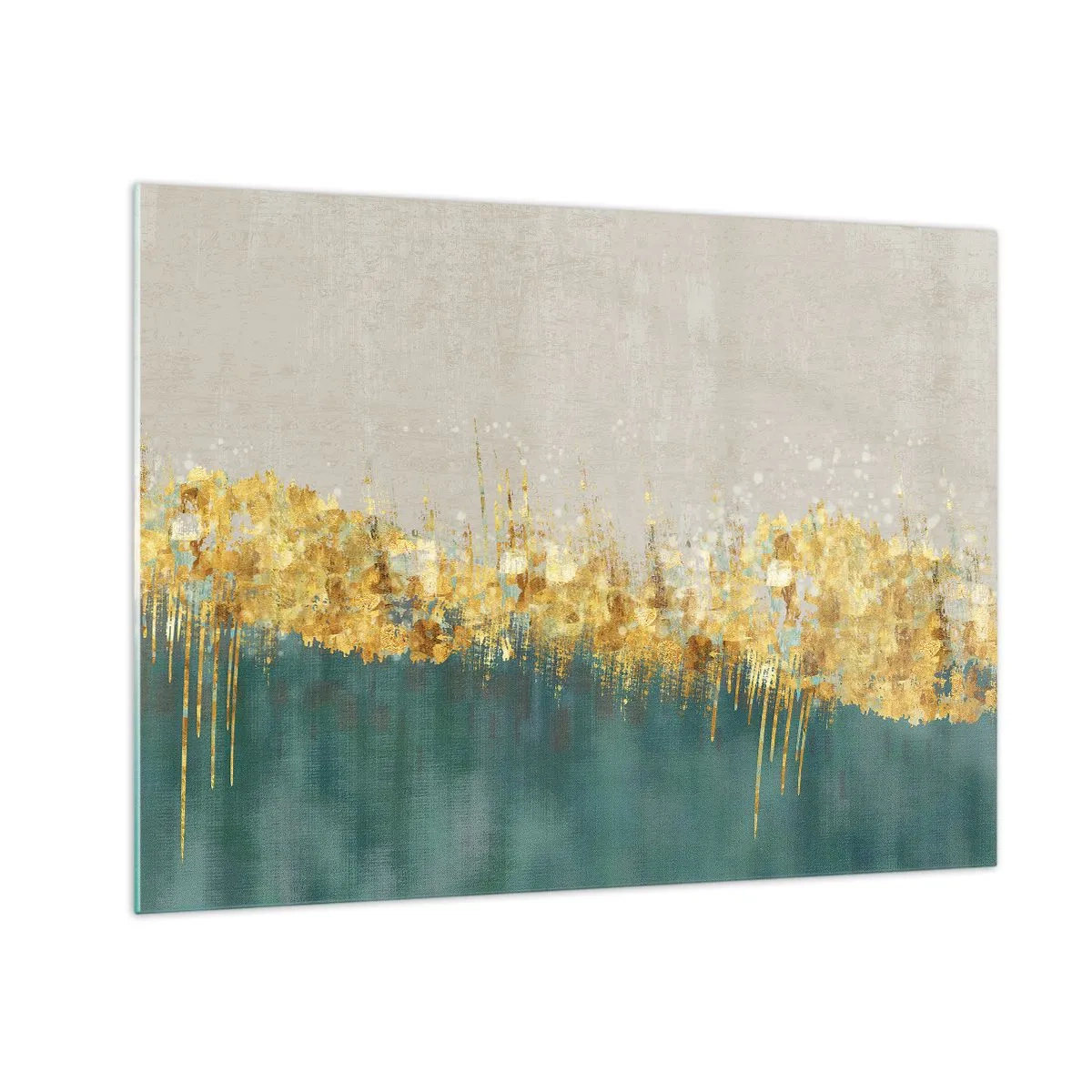 Schilderen op glas - Gouden accenten creëren een grens tussen beige en flessengroen - 70x50cm - De gouden rand - Moderne wanddecoratie voor woonkamer en slaapkamer ARTTOR