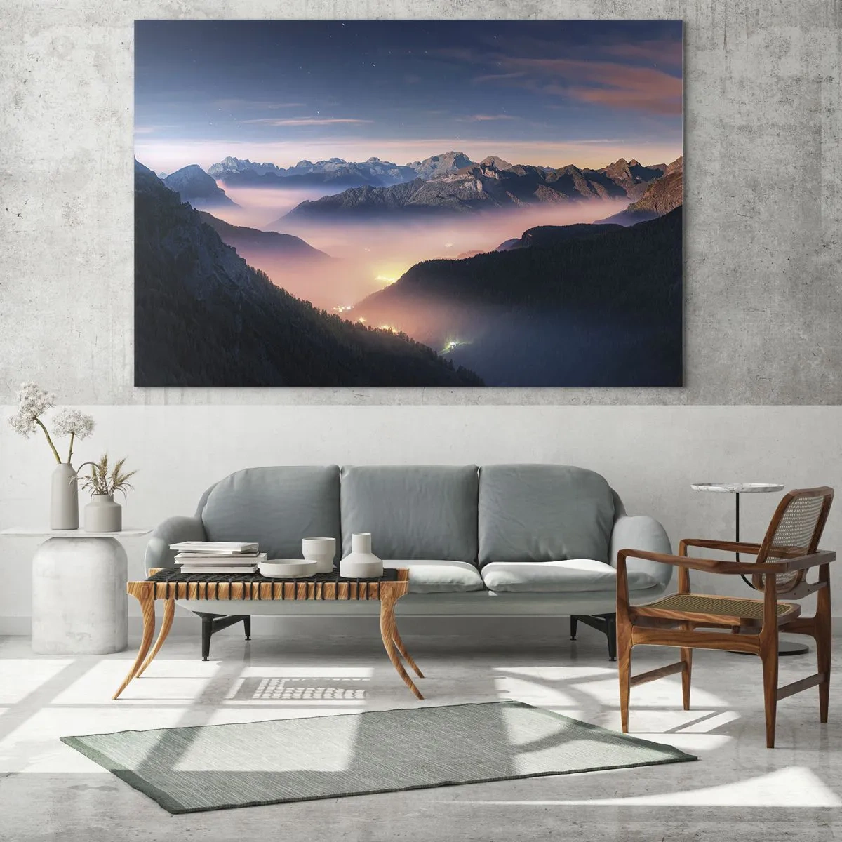 Schilderen op glas - Berglandschap bij zonsondergang met mist in de vallei - 70x50cm - Licht in de dalen - Moderne wanddecoratie voor woonkamer en slaapkamer ARTTOR
