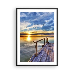 Poster in een zwarte lijst - Houten steiger over het meer bij zonsondergang - 50x70cm - De wind gaat rusten - Moderne wanddecoratie voor woonkamer en slaapkamer ARTTOR
