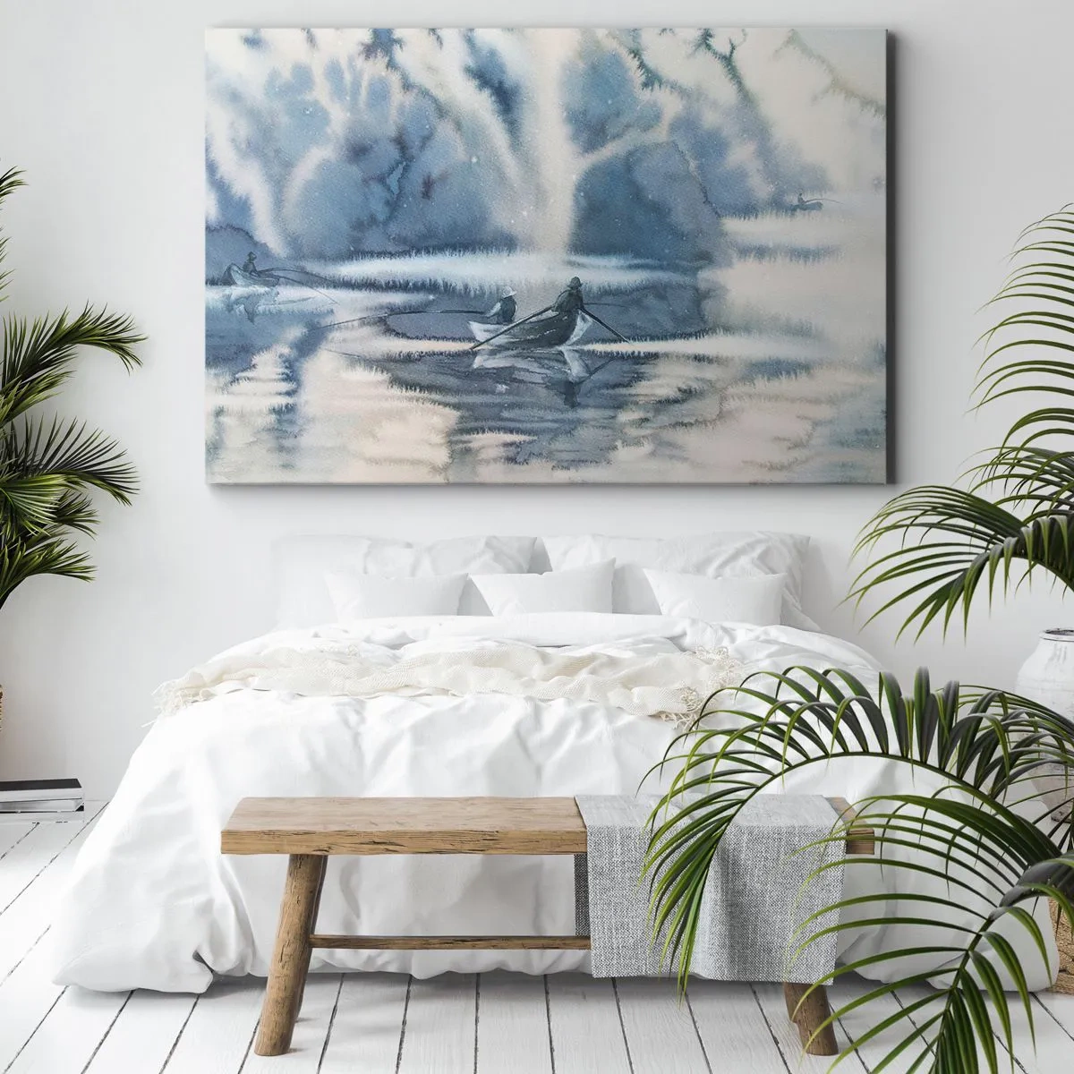Schilderen op canvas - Aquarellandschap met boten op een meer omgeven door een mistig bos - 70x50cm - Vissers in hun paradijs - Moderne wanddecoratie voor woonkamer en slaapkamer ARTTOR