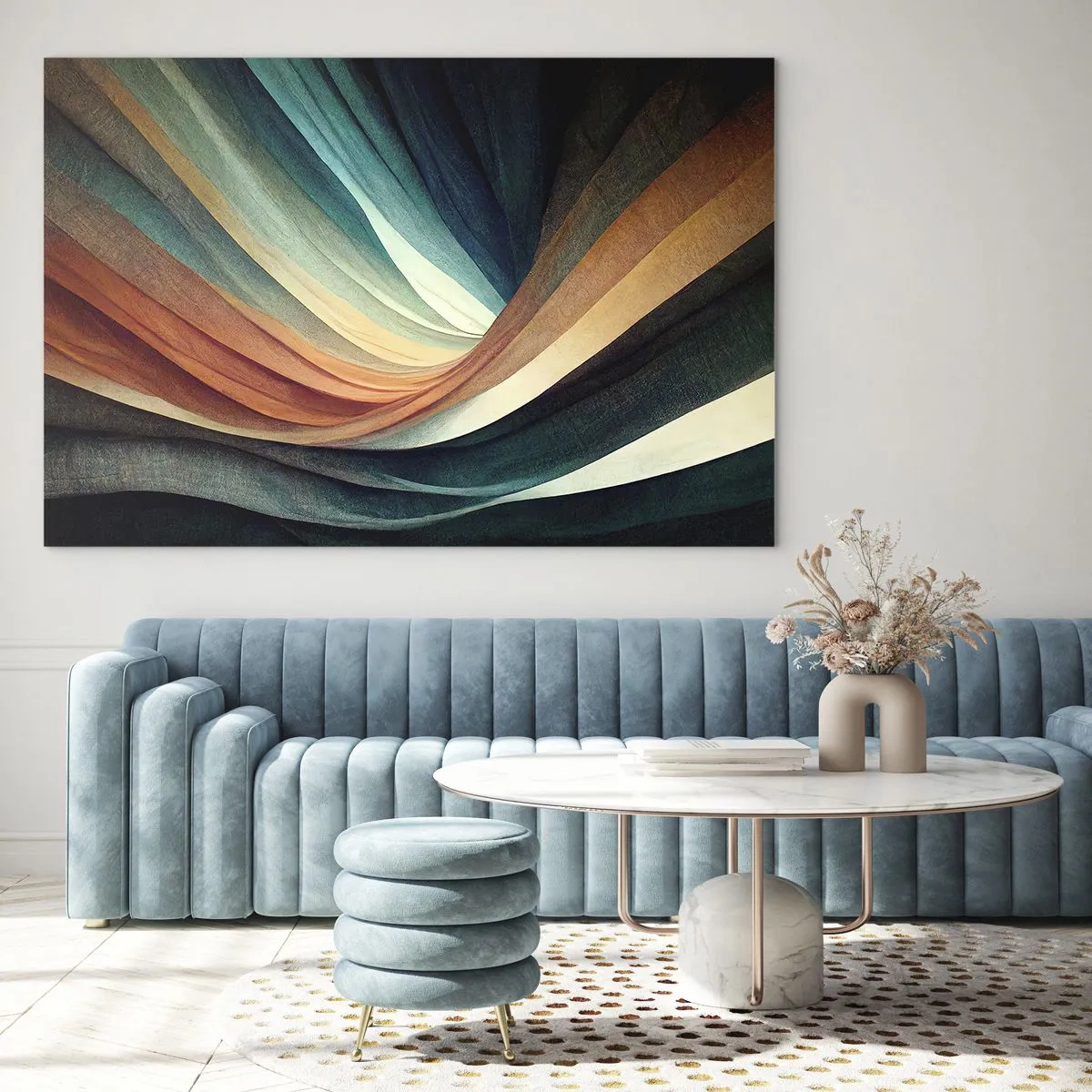 Schilderen op glas - Kleurrijke golven in tinten turquoise, oranje en beige - 70x50cm - Geweven uit kleuren - Moderne wanddecoratie voor woonkamer en slaapkamer ARTTOR