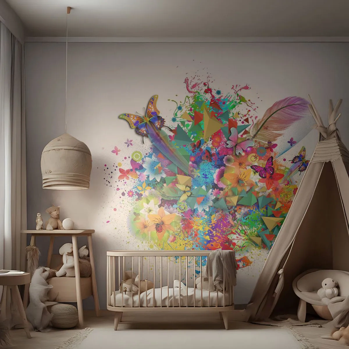 Fotobehang Premium Canvas - Een boeket van vreugde - Vlinder, Bloem, Grafisch - 450x315 cm