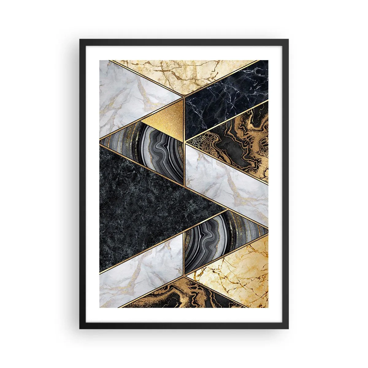 Poster in een zwarte lijst - Marmeren geometrie in tinten goud, zwart en wit - 50x70cm - Steen bij steen - Moderne wanddecoratie voor woonkamer en slaapkamer ARTTOR