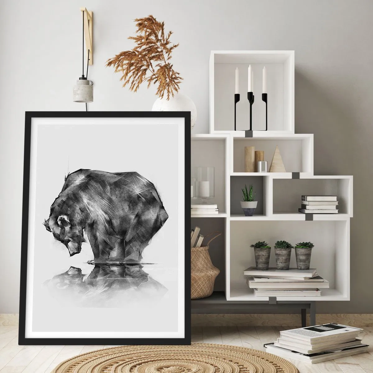 Poster in een zwarte lijst - Geometrisch beeld van een beer bij het water - 50x70cm - Leuk om een geliefde persoon te zien - Moderne wanddecoratie voor woonkamer en slaapkamer ARTTOR