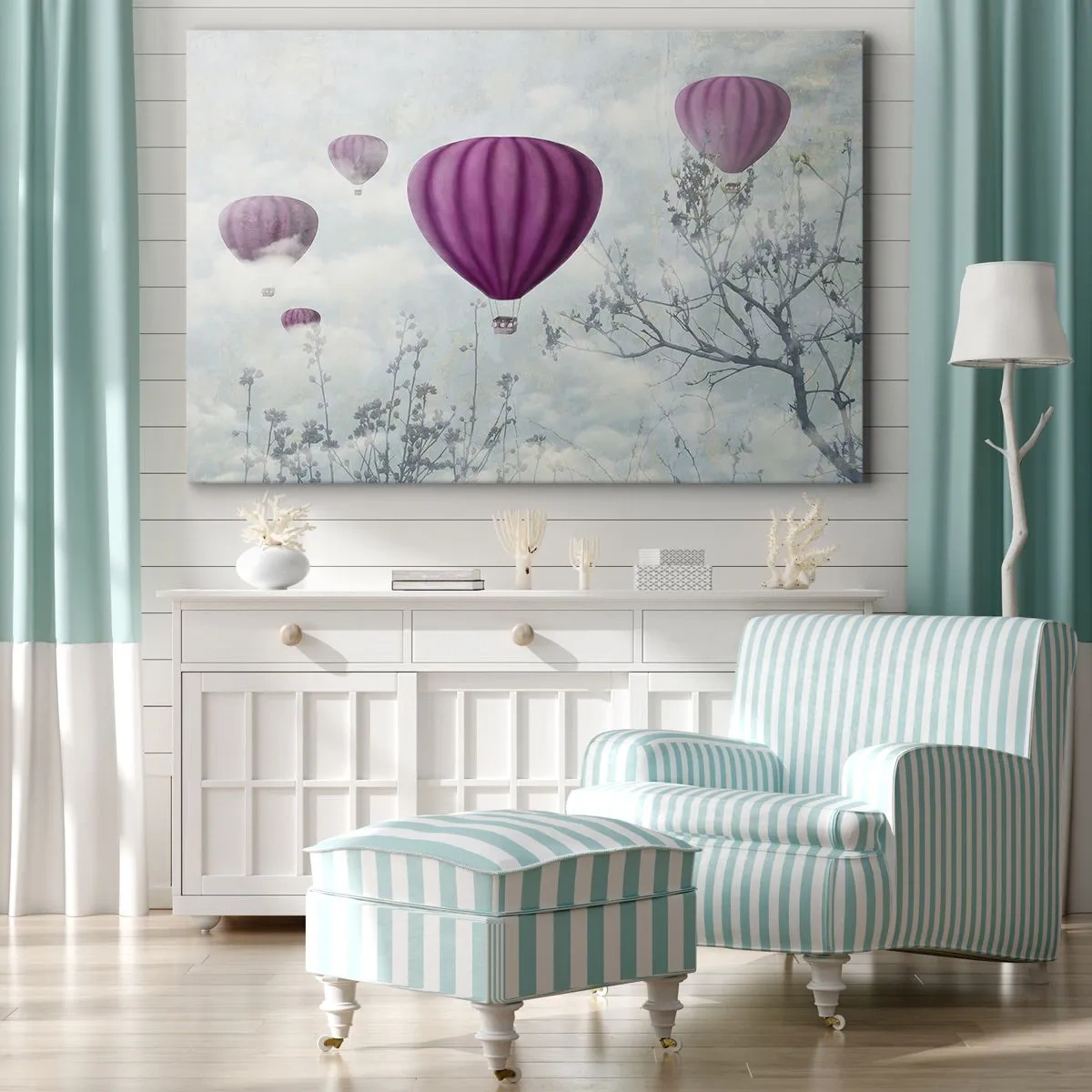 Schilderen op canvas - Paarse ballonnen zweven boven de bomen in de wolken - 70x50cm - Als schepen in de lucht - Moderne wanddecoratie voor woonkamer en slaapkamer ARTTOR