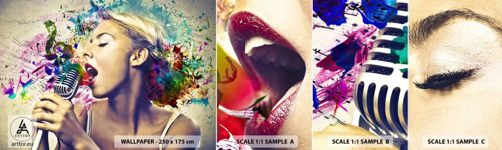 Fotobehang Monster Zelfklevend Deluxe Sticker - Schilder de wereld met je stem - Vrouw, Muziek, 3D - 100x30 cm