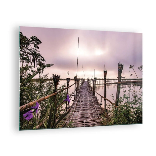 Schilderen op glas - Een bamboebrug over het meer, omgeven door planten en bloemen - 70x50cm - Rust en stilte van Azië - Moderne wanddecoratie voor woonkamer en slaapkamer ARTTOR