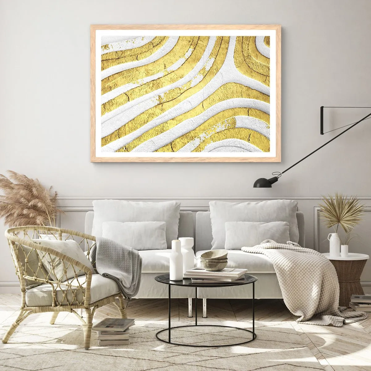 Een poster in een licht eiken lijst - Compositie in wit en goud - 91x61 cm