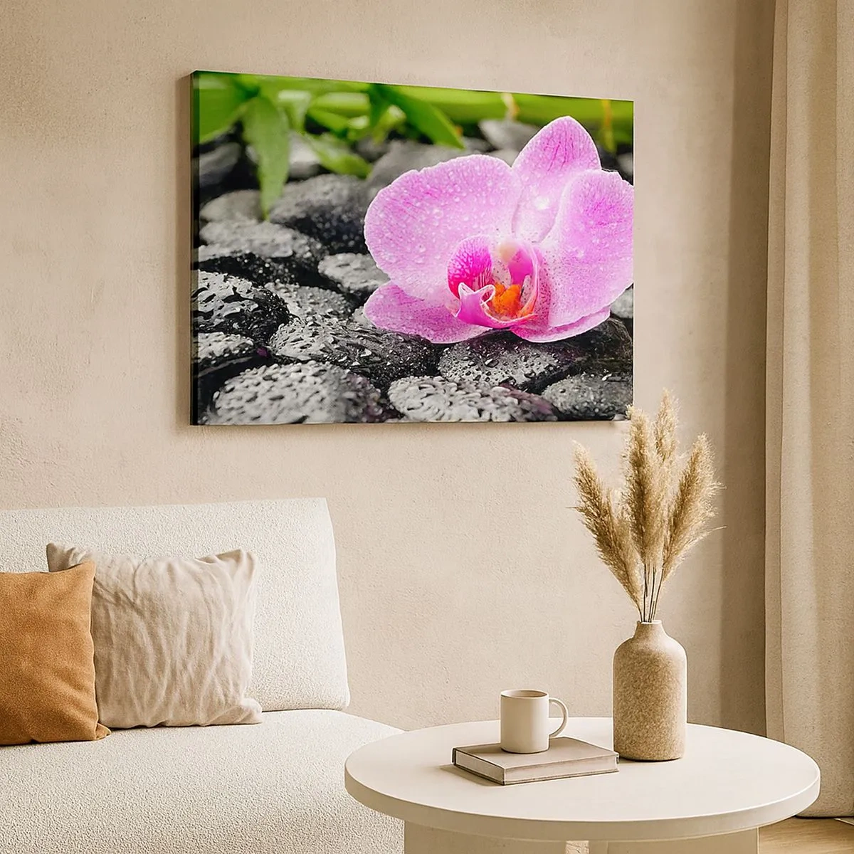 Schilderen op canvas - Roze orchidee op natte zwarte stenen met groene bladeren - 70x50cm - Als een open hart - Moderne wanddecoratie voor woonkamer en slaapkamer ARTTOR