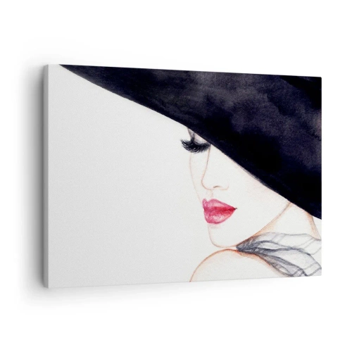 Schilderen op canvas - Een subtiele illustratie van een vrouw met een zwarte hoed en rode lippen - 70x50cm - Elegantie en sensualiteit - Moderne wanddecoratie voor woonkamer en slaapkamer ARTTOR