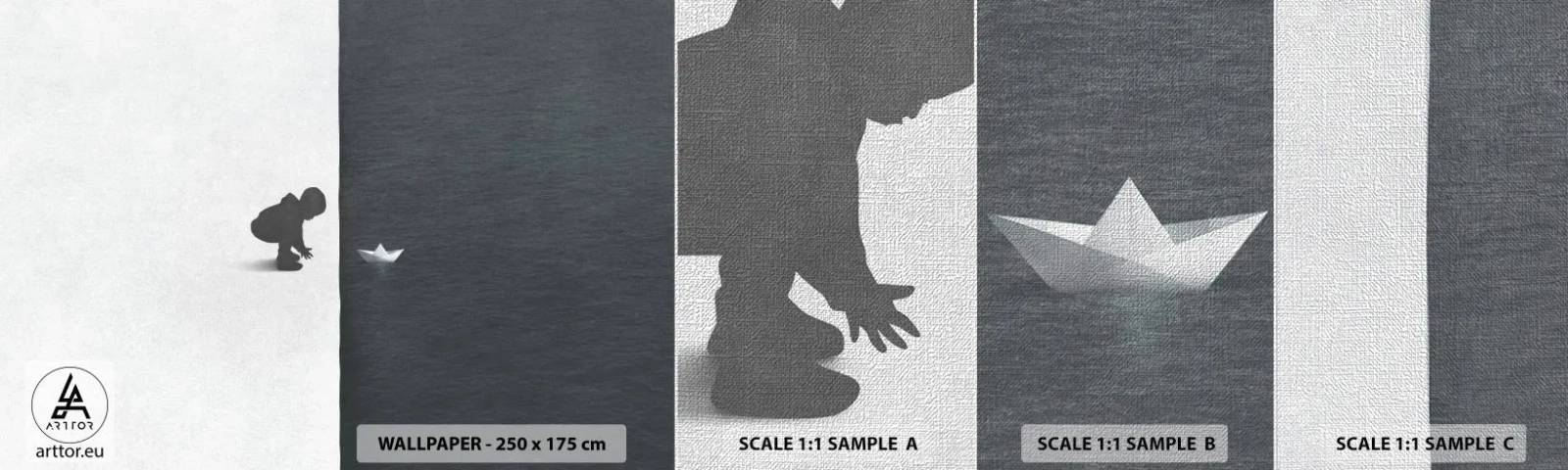 Fotobehang Monster Premium Canvas - Geweldige expeditie - Kind, Zwart en wit, Water - 100x30 cm