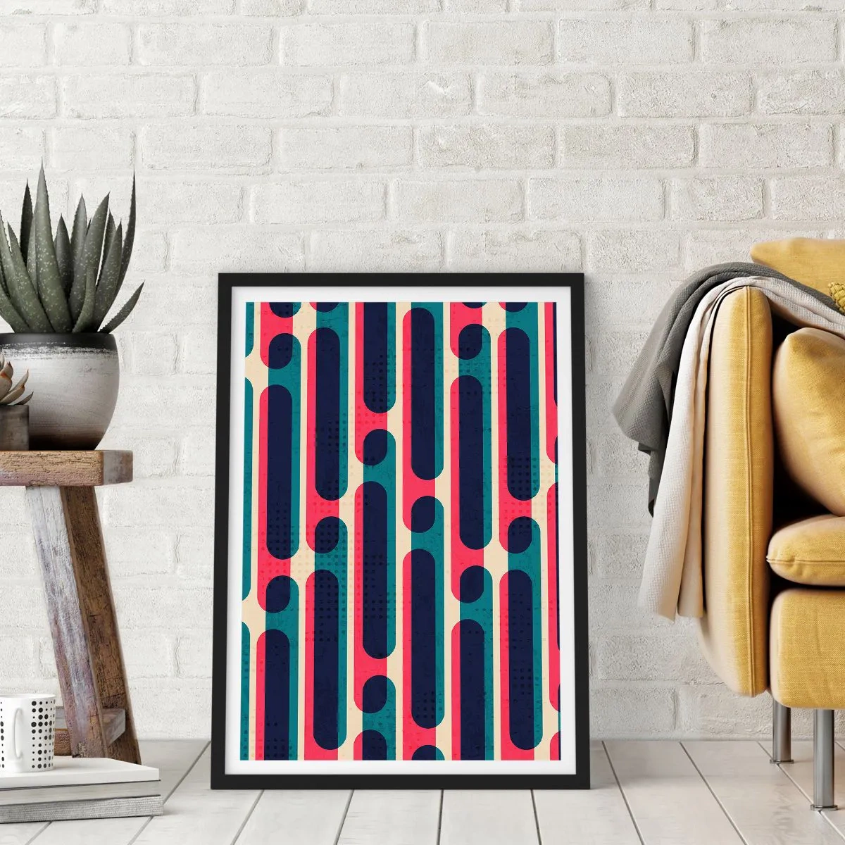 Poster in een zwarte lijst - Geometrisch patroon in tinten rood en blauw - 50x70cm - In de diepte en vooruit - Moderne wanddecoratie voor woonkamer en slaapkamer ARTTOR