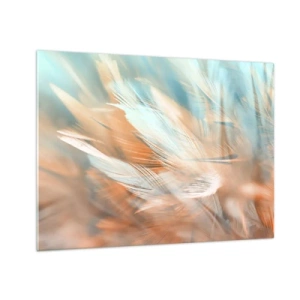 Schilderen op glas - Delicate veren in pasteltinten turquoise en perzik - 70x50cm - In het land van zachtheid - Moderne wanddecoratie voor woonkamer en slaapkamer ARTTOR