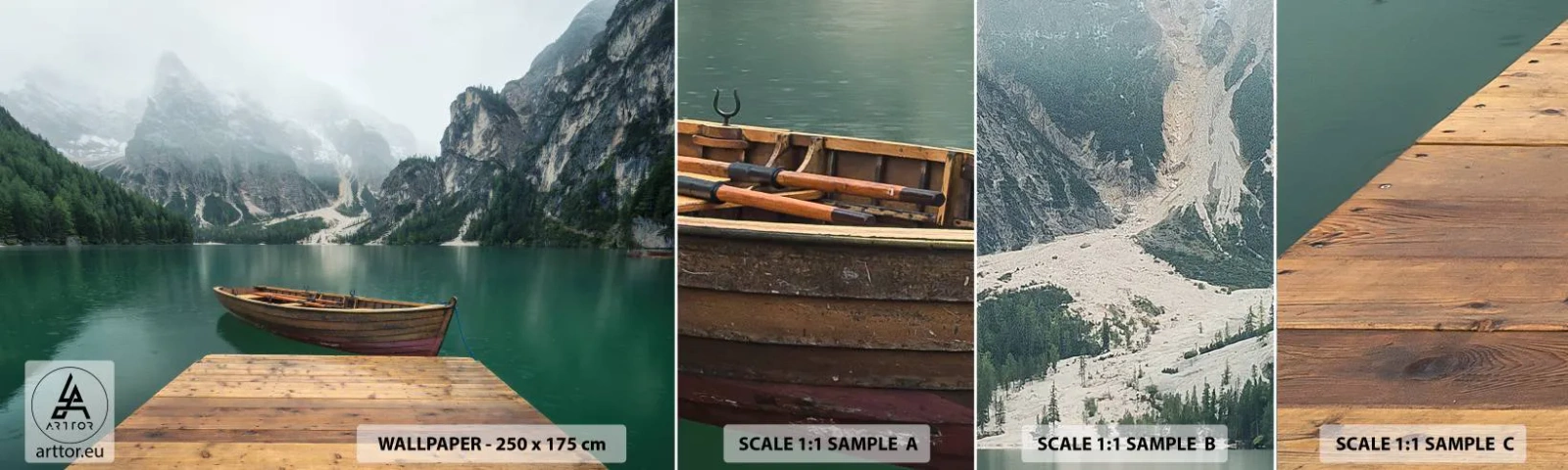 Fotobehang Staaltje Standard Eco - "En de trotse rotsen van het voorhoofd" - Landschap, Bergen, Meer - 100x30 cm