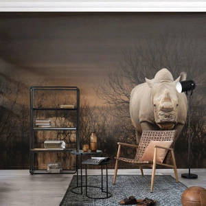 Zelfklevend Fotobehang Deluxe Sticker - Wit tegen de natuur - Neushoorn, Dieren, Afrika - 200x140 cm
