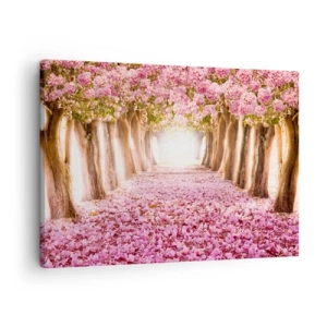 Schilderen op canvas - Een laan met bloeiende bomen in roze tinten - 70x50cm - De weg naar het paradijs - Moderne wanddecoratie voor woonkamer en slaapkamer ARTTOR