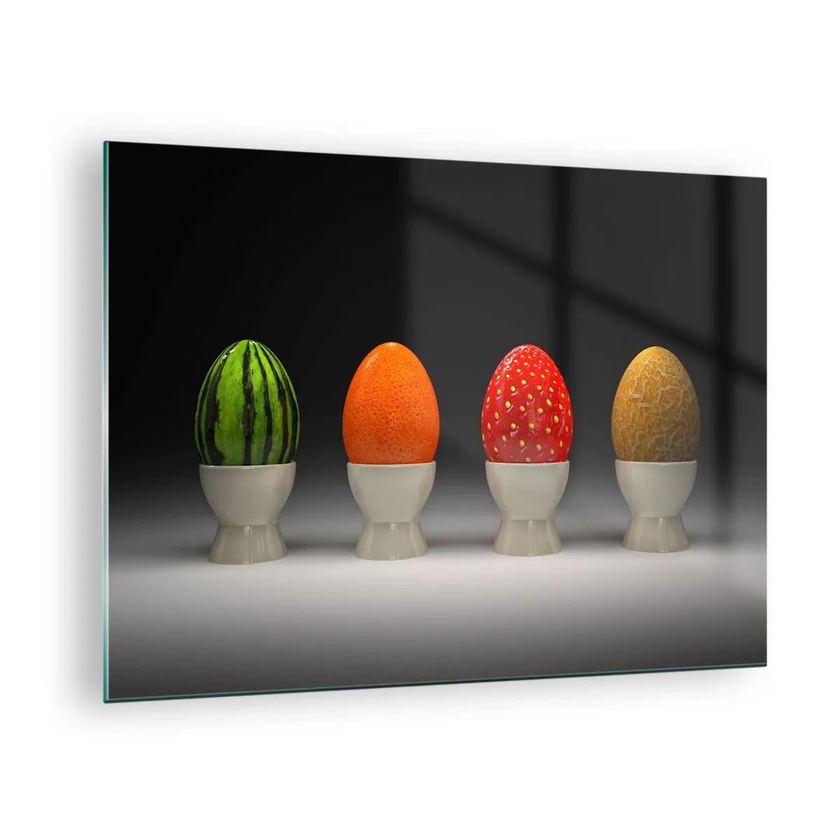 Schilderen op glas - Eieren in fruitschalen op een standaard - 70x50cm - Fruit ontbijt - Moderne wanddecoratie voor woonkamer en slaapkamer ARTTOR