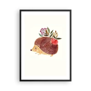 Poster in een zwarte lijst - Een schattige egel met een appel en takjes op een lichte achtergrond - 50x70cm - En je vindt mij al leuk - Moderne wanddecoratie voor woonkamer en slaapkamer ARTTOR
