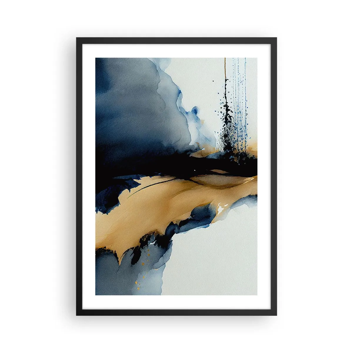 Poster in een zwarte lijst - Een abstracte compositie in tinten marineblauw en goud - 50x70cm - Achter het gordijn - Moderne wanddecoratie voor woonkamer en slaapkamer ARTTOR