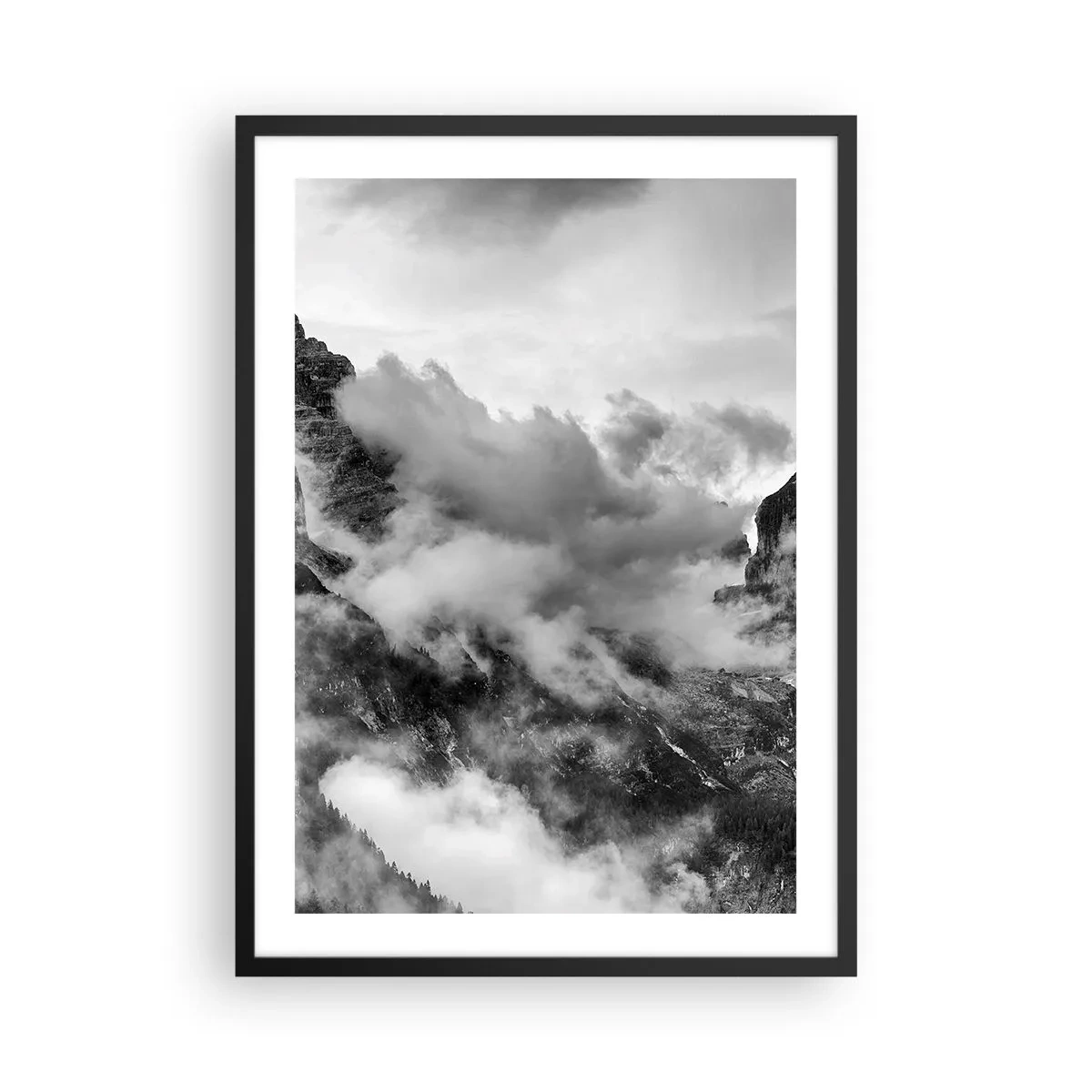 Poster in een zwarte lijst - Zwart-wit berglandschap met wolken - 50x70cm - Mooi en wreed - Moderne wanddecoratie voor woonkamer en slaapkamer ARTTOR