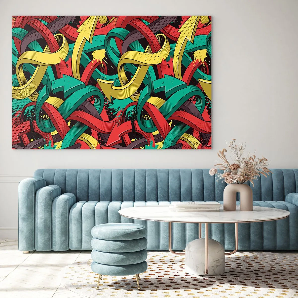 Schilderen op glas - Kleurrijke abstractie met dynamische pijlen en beweging - 70x50cm - Welke weg naar het doel? - Moderne wanddecoratie voor woonkamer en slaapkamer ARTTOR