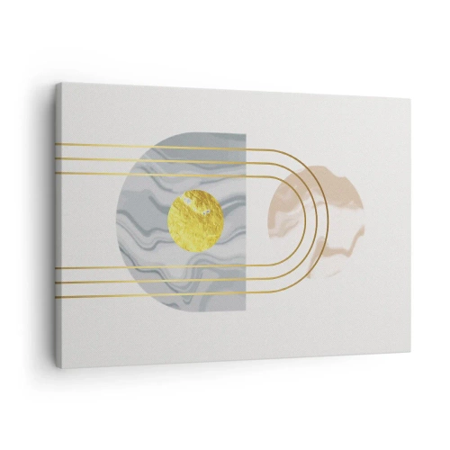 Schilderen op canvas - Abstracte compositie met cirkels en gouden lijnen op een lichte achtergrond. - 70x50cm - Helderheid en schittering - Moderne wanddecoratie voor woonkamer en slaapkamer ARTTOR