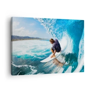 Schilderen op canvas - Een surfer in een dynamische houding op een golf in turquoise water. - 70x50cm - Dansend met de golven - Moderne wanddecoratie voor woonkamer en slaapkamer ARTTOR