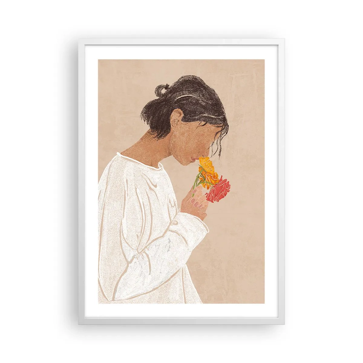 Poster in een witte lijst - Meisje en bloemen - 50x70 cm