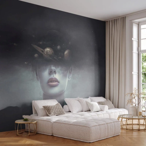 Fotobehang Premium Canvas - En de planeten worden gek... - Abstractie, Het gezicht van de vrouw, Kosmos - 350x256 cm