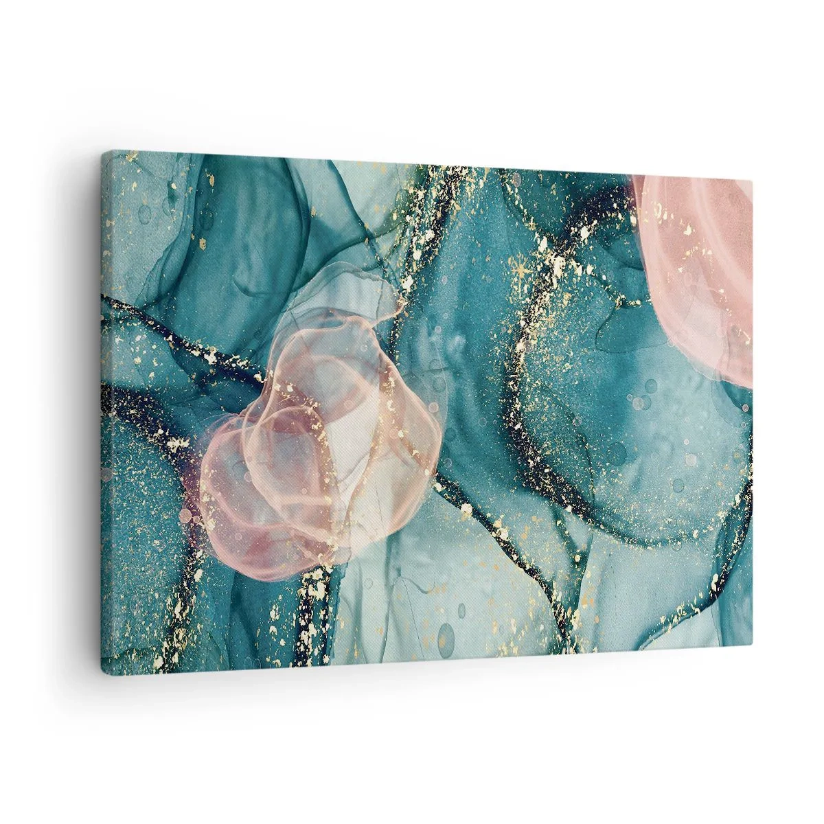 Schilderen op canvas - Een abstracte compositie in tinten turquoise en goud. - 70x50cm - Zijdeblauw, tule roze - Moderne wanddecoratie voor woonkamer en slaapkamer ARTTOR
