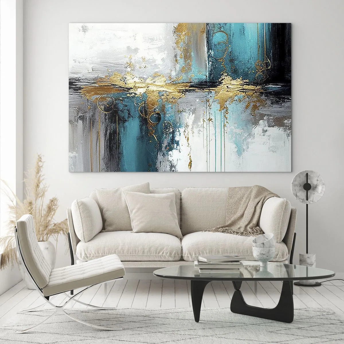 Schilderen op glas - Abstractie met turquoise en goud op een witte achtergrond - 70x50cm - Alles vloeit - Moderne wanddecoratie voor woonkamer en slaapkamer ARTTOR