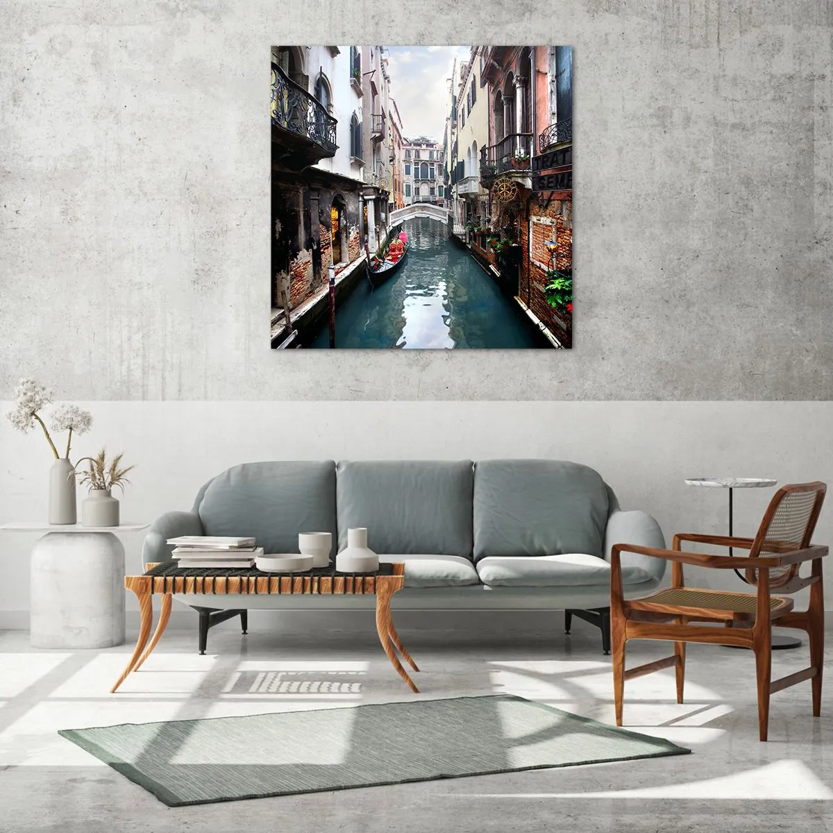 Schilderen op glas - Venetiaans landschap met een gondel en een brug - 50x50 cm