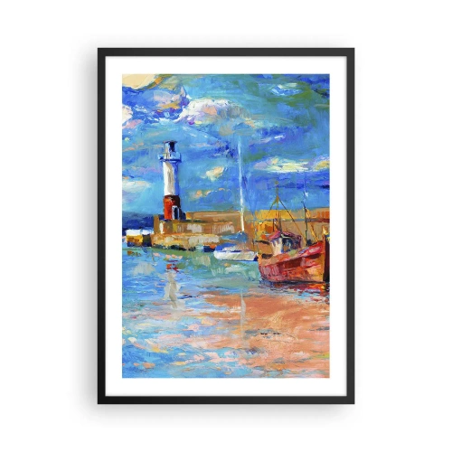 Poster in een zwarte lijst - Een pittoreske haven met een vuurtoren en aangemeerde boten - 50x70cm - Een middag in de regenboogbaai - Moderne wanddecoratie voor woonkamer en slaapkamer ARTTOR