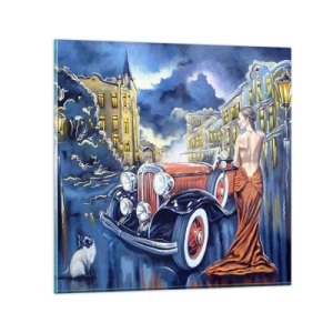 Schilderen op glas - Nocturne in blauw en koraal - 30x30 cm