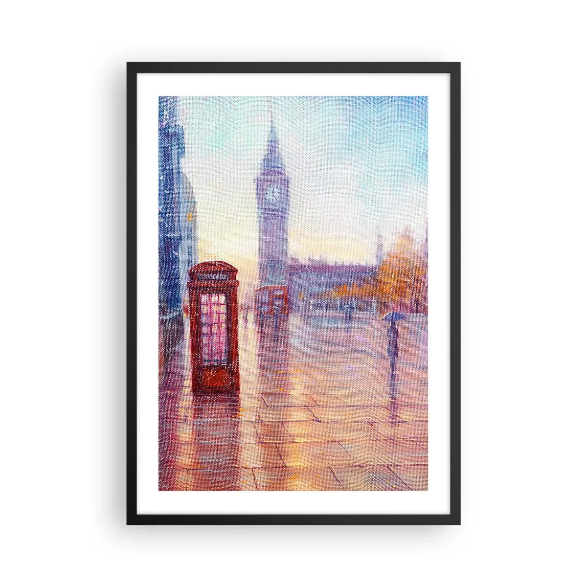 Poster in een zwarte lijst - Big Ben en de rode telefooncel op een regenachtige dag - 50x70cm - Herfstdag in Londen - Moderne wanddecoratie voor woonkamer en slaapkamer ARTTOR