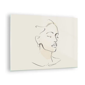 Schilderen op glas - Een lineair portret van een vrouw tegen een lichte achtergrond met subtiele schaduwen. - 70x50cm - Een bepaalde lijn - Moderne wanddecoratie voor woonkamer en slaapkamer ARTTOR