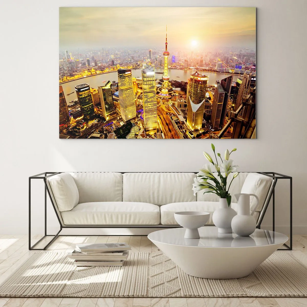 Schilderen op glas - Panorama van de stad bij zonsondergang met wolkenkrabbers - 70x50cm - Aziatische droom - Moderne wanddecoratie voor woonkamer en slaapkamer ARTTOR