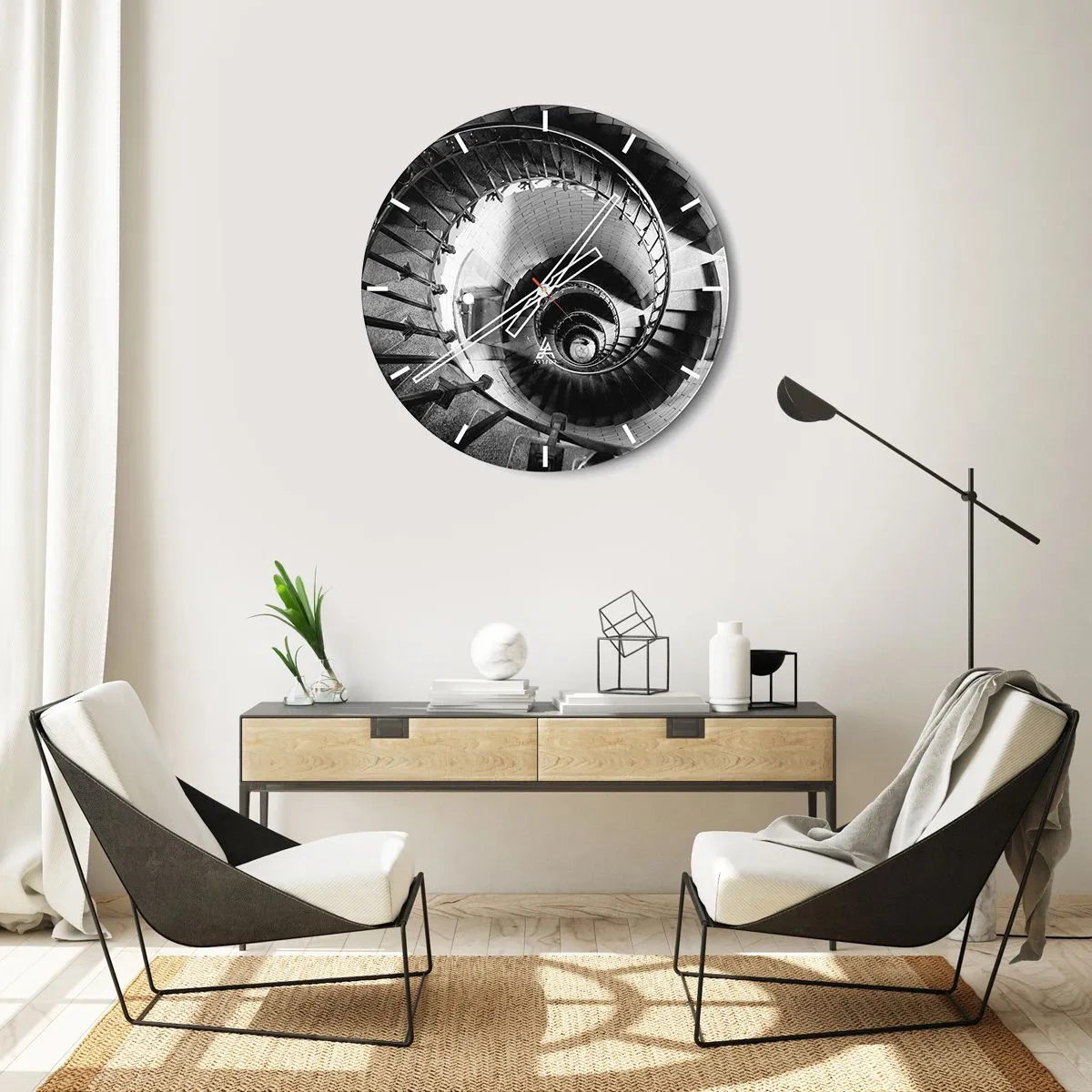 Wandklok - Klok - Zwart-witte wenteltrap van bovenaf gezien - 30x30cm - Hoger en hoger - Moderne wanddecoratie voor woonkamer, keuken en slaapkamer ARTTOR
