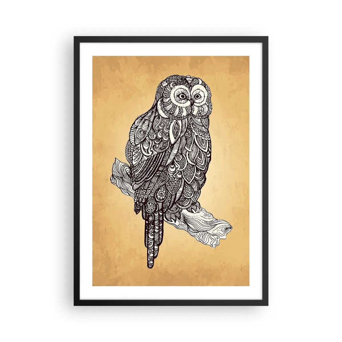 Poster in een zwarte lijst - Een gestileerde uil met een decoratief patroon op een beige achtergrond. - 50x70cm - Ingewikkelde ornamenten van wijsheid - Moderne wanddecoratie voor woonkamer en slaapkamer ARTTOR