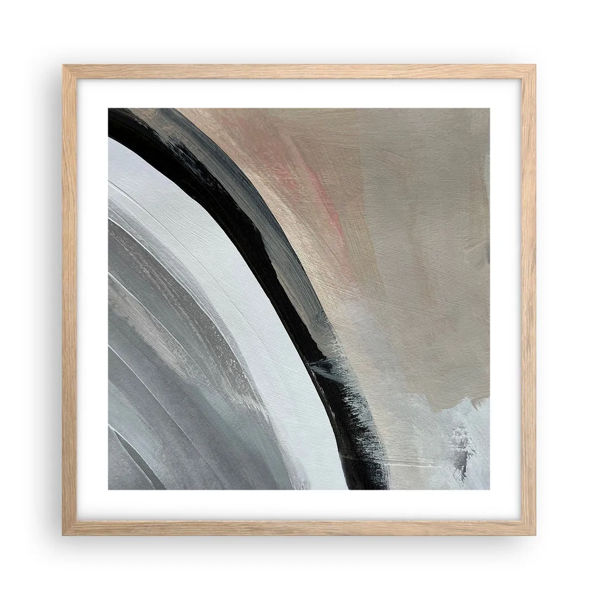 Een poster in een licht eiken lijst - Compositie: boog van zwart en grijs - 50x50 cm