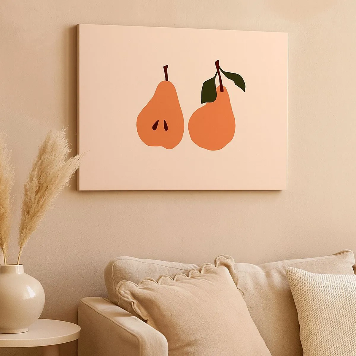 Schilderen op canvas - Een minimalistische illustratie van twee peren op een beige achtergrond. - 70x50cm - Zoetheid zelf - Moderne wanddecoratie voor woonkamer en slaapkamer ARTTOR