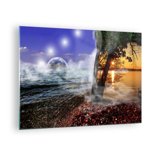 Schilderen op glas - Een fantasielandschap met de zee en een planeet - 70x50cm - Surrealistisch landschap - eenheid van de natuur - Moderne wanddecoratie voor woonkamer en slaapkamer ARTTOR