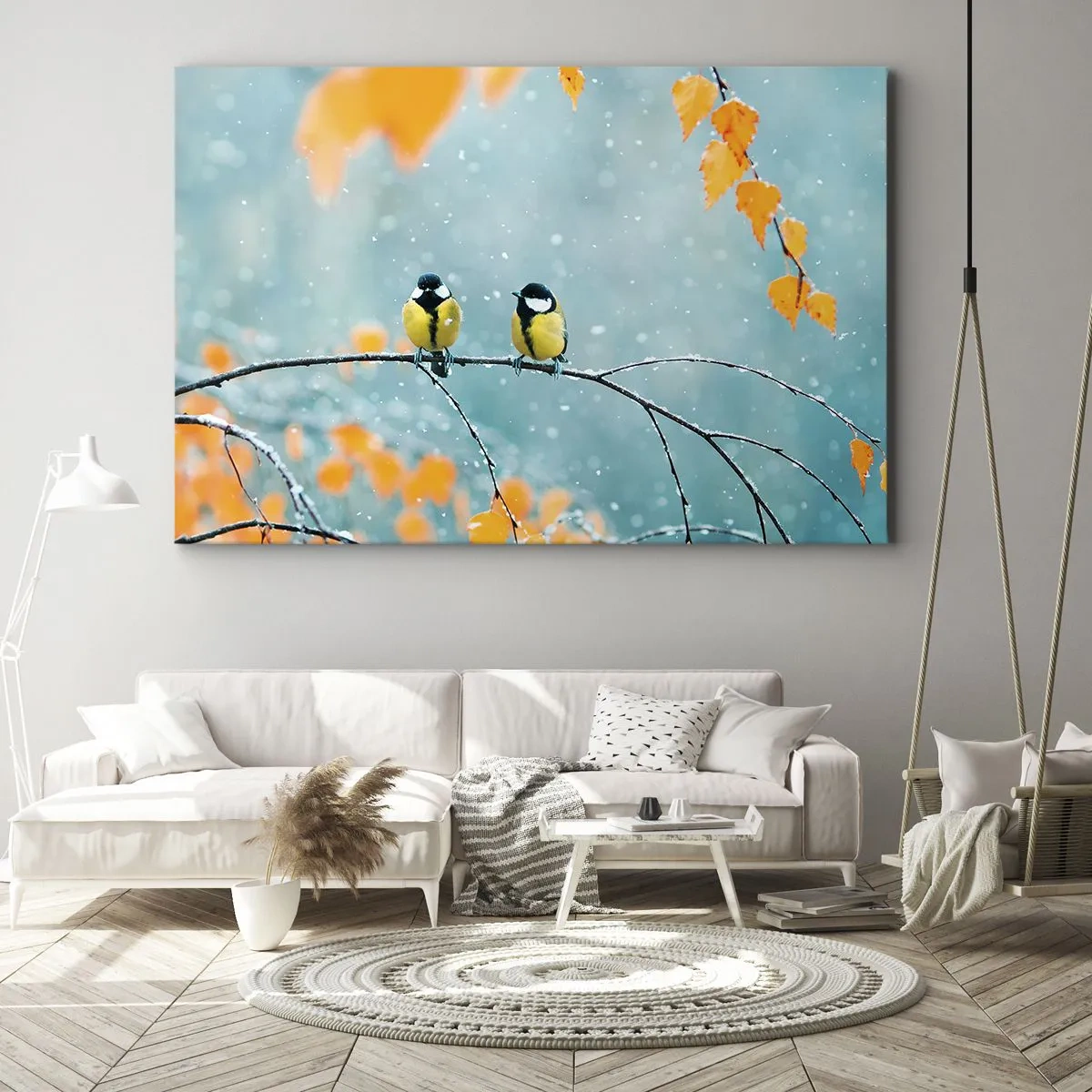 Schilderen op canvas - Twee vogels op een tak in een winterse omgeving met gele bladeren. - 70x50cm - Vogelroddel - Moderne wanddecoratie voor woonkamer en slaapkamer ARTTOR