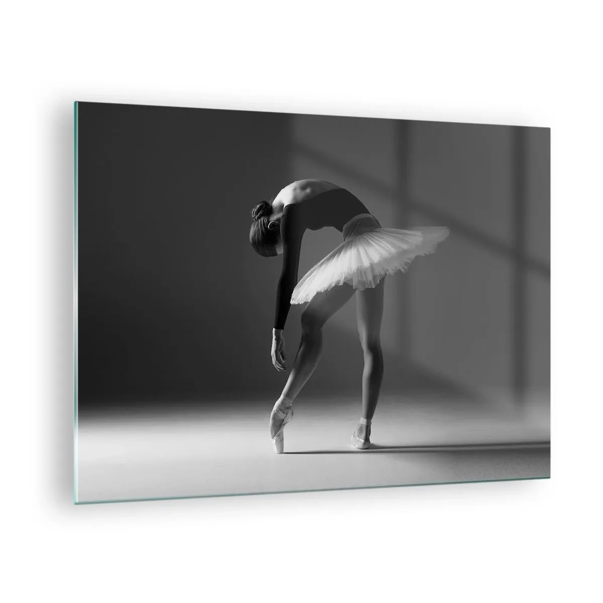Schilderen op glas - Zwart-wit silhouet van een ballerina in een sierlijke pose - 70x50cm - Bella ballerina - Moderne wanddecoratie voor woonkamer en slaapkamer ARTTOR