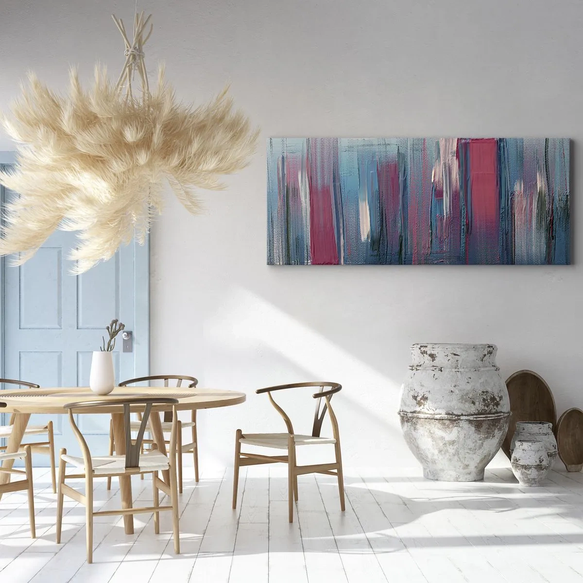 Schilderen op canvas - Verticale compositie in blauw en rood - 100x40 cm