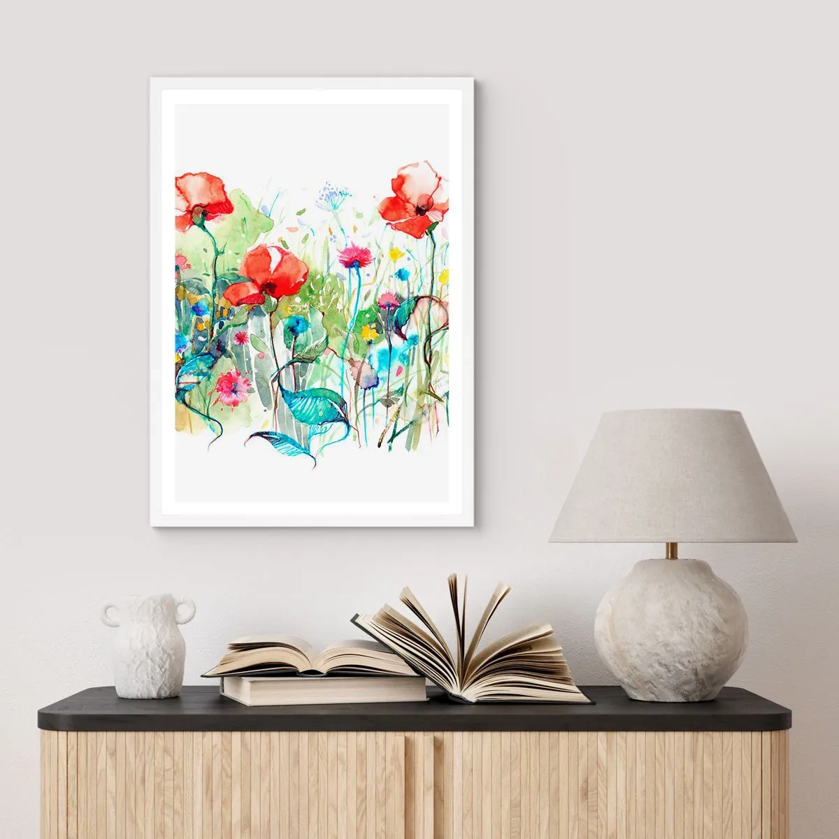 Poster in een witte lijst - Bloeiende meiweide - 70x100 cm